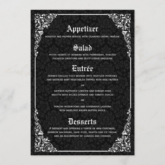 Black Gothic Viktorianisch Damask Hochzeitsmenüs Menükarte (Vorderseite)