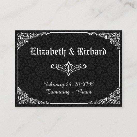 Black Gothic Viktorianisch Damask Hochzeitsszenari Platzkarte (Vorderseite)