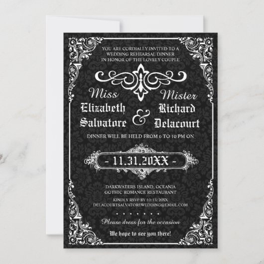 Black Gothic Viktorianisch Damask Probe Dinner Einladung (Vorderseite)