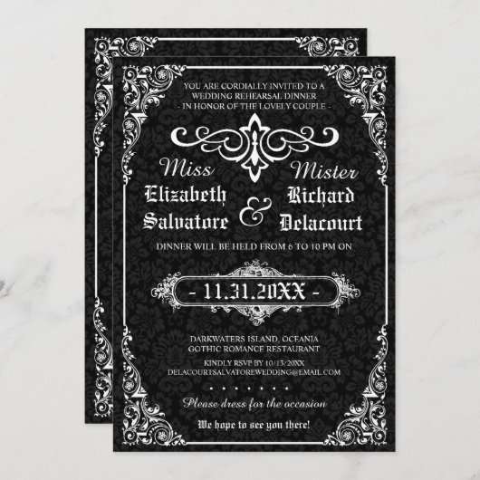 Black Gothic Viktorianisch Damask Probe Dinner Einladung (Vorne/Hinten)