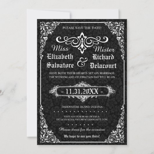 Black Gothic Viktorianisch Damask Speichern Sie di Save The Date (Vorderseite)