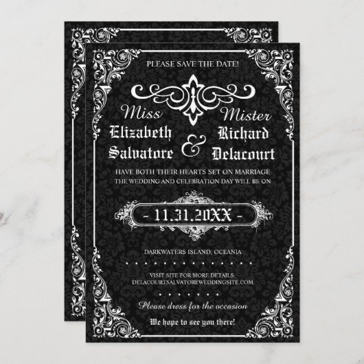Black Gothic Viktorianisch Damask Speichern Sie di Save The Date (Vorne/Hinten)