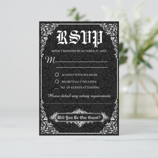 Black Gothic Viktorianisch Damask Wedding RSVP Car Einladung (Stehend Vorderseite)