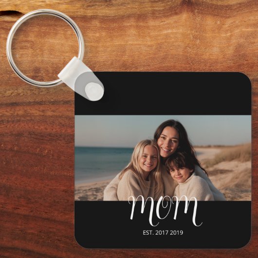 Black Graceful Script Mom Established Photo Schlüsselanhänger (Vorderseite)