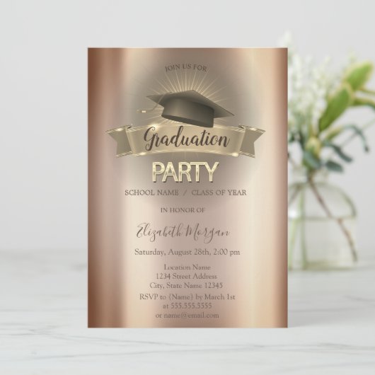 Black Grad Cap Cooper Graduation Party Einladung (Stehend Vorderseite)