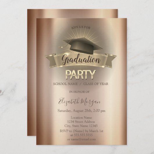 Black Grad Cap Cooper Graduation Party Einladung (Vorne/Hinten)
