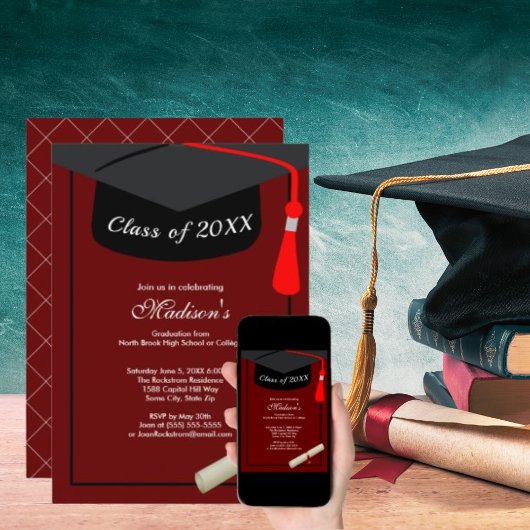 Black Grad Cap Diploma Simple Graduation Party Red Einladung