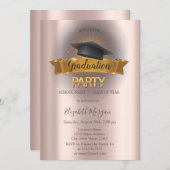 Black Grad Cap Rose Gold Graduation Party Einladung (Vorne/Hinten)