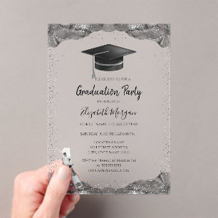 Black Grad Cap, Wine Glass Confetti Abschluss Acryleinladungen