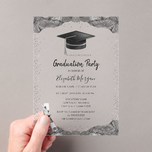 Black Grad Cap, Wine Glass Confetti Abschluss Acryleinladungen (Insitu (Handheld))