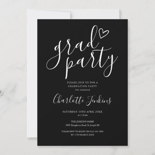 Black Grad Party Script Heart Graduation Party Einladung (Vorderseite)