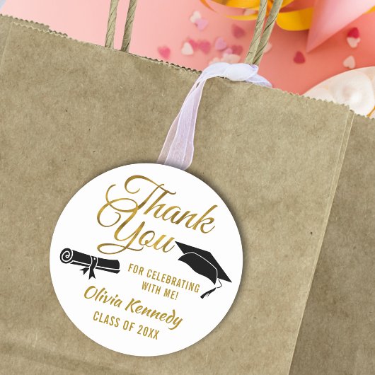 Black Graduation Cap Gold Thank You Script Favor Runder Aufkleber