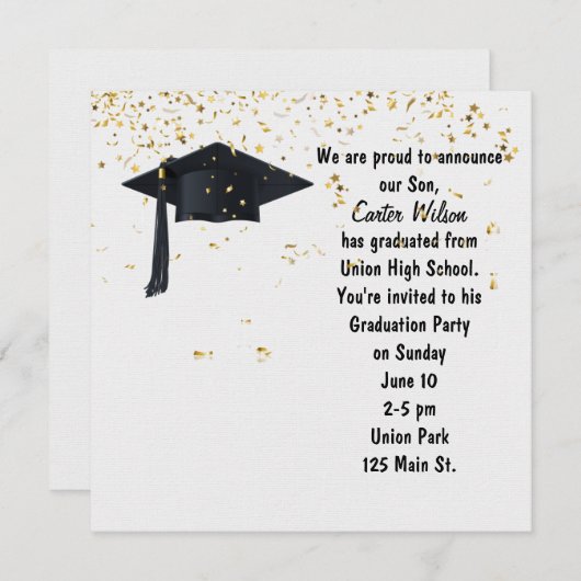 Black Graduation Cap mit Gold Confetti Einladung (Vorne/Hinten)