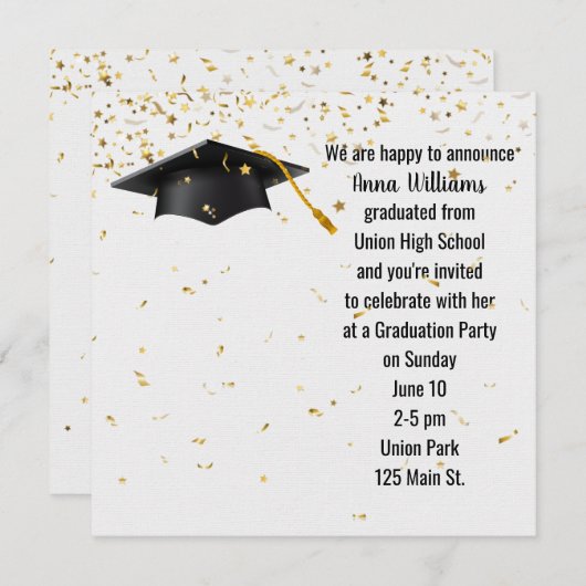 Black Graduation Cap mit Gold Confetti Einladung (Vorne/Hinten)