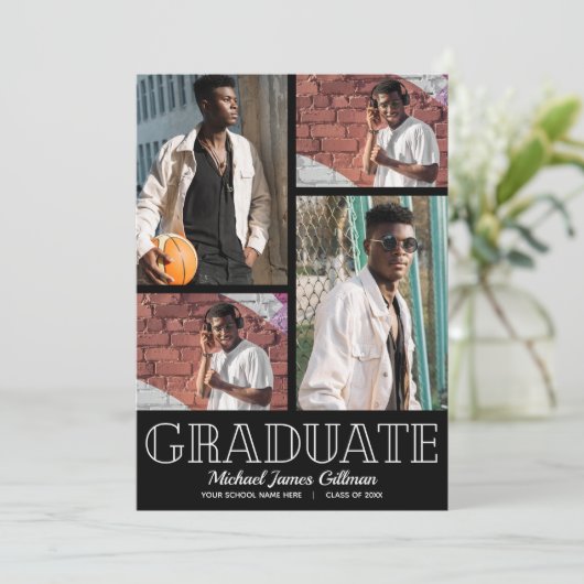 Black Graduation Party mit mehreren Fotos Einladung (Stehend Vorderseite)