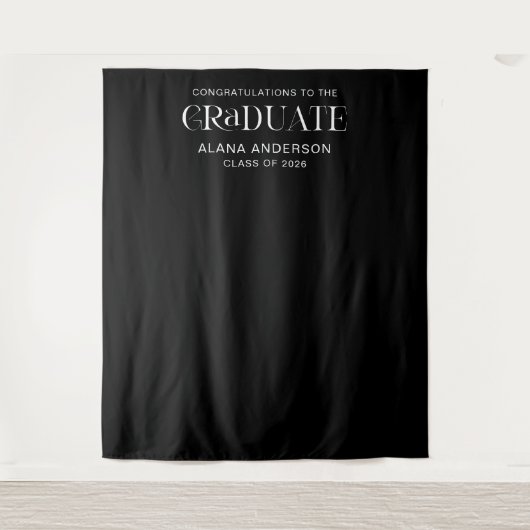 Black Graduation Party Modern Backdrop with Name Wandteppich (Vorderseite)