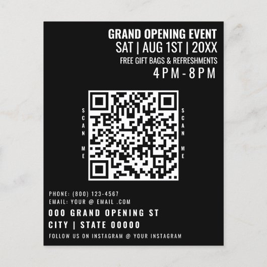 Black Grand Opening Flyer Business Logo & QR Code (Hinten)