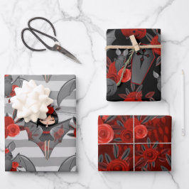 BLACK GRAT RED HALLOWEEN GIRLS FLOWERS COFFINS GESCHENKPAPIER SET