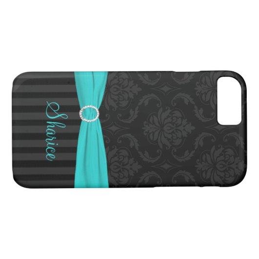Black Gray Aqua Damask gestreiftes iPhone 7 Fall Case-Mate iPhone Hülle (Rückseite (Horizontal))