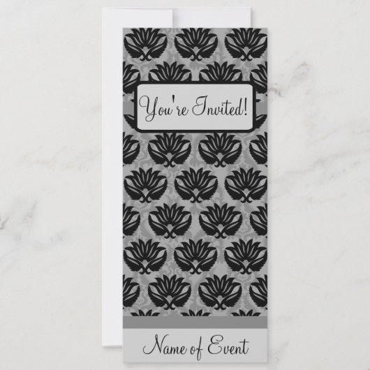 Black Gray Art Nouveau Damask Happy Birthday Party Einladung (Vorderseite)