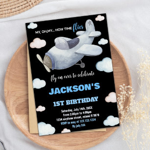 Black Gray Blue Airplane Einladung zum Geburtstag