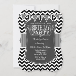 Black Gray Chalkboard Zickzack Geburtstag Einladun Einladung