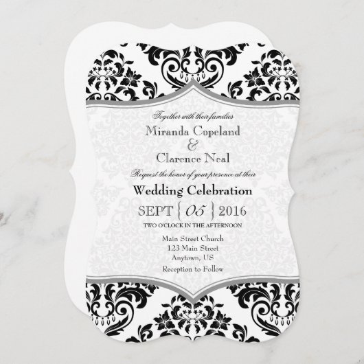 Black Gray Damask Bracket Wedite Invite Einladung (Vorne/Hinten)
