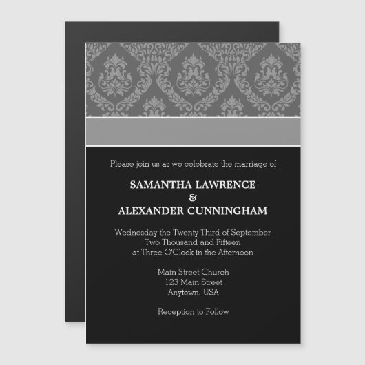 Black Gray Damask Magnetic Wedding Einladung (Vorne/Hinten)