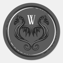 Black Gray Dragon Monogram Fantasy Wedding Runder Aufkleber