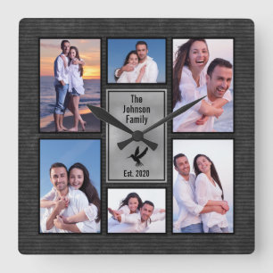 Black Gray Family 6 Foto Instagram FotoCollage Quadratische Wanduhr