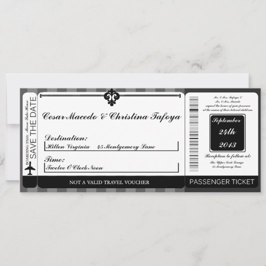 Black Gray Flouri Boarding Pass Einladung Hochzeit (Vorderseite)