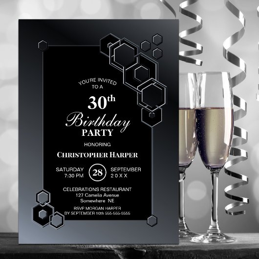 Black Gray Geometric 30. Geburtstag Party Einladung