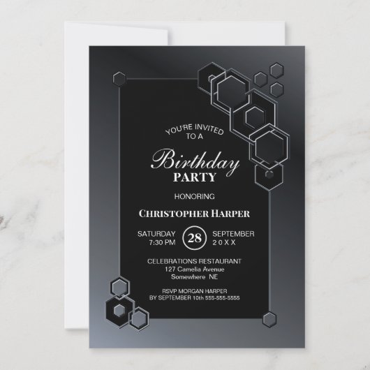 Black Gray Geometric Birthday Party Einladung (Vorderseite)