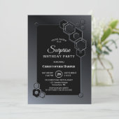 Black Gray Geometric Surprise Birthday Party Einladung (Stehend Vorderseite)