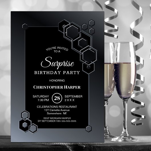 Black Gray Geometric Surprise Birthday Party Einladung