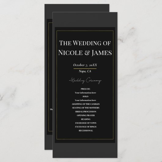 Black Gray Gold Modernes Minimales Hochzeitsprogra Programm (Vorne/Hinten)