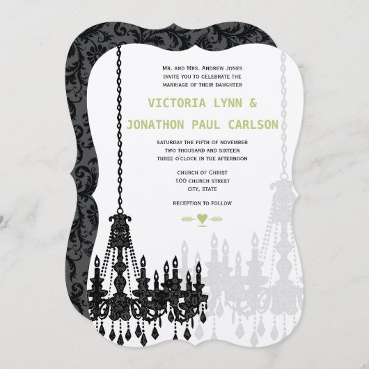 Black Gray Green Damask Chandelier Wedding Einladung (Vorne/Hinten)