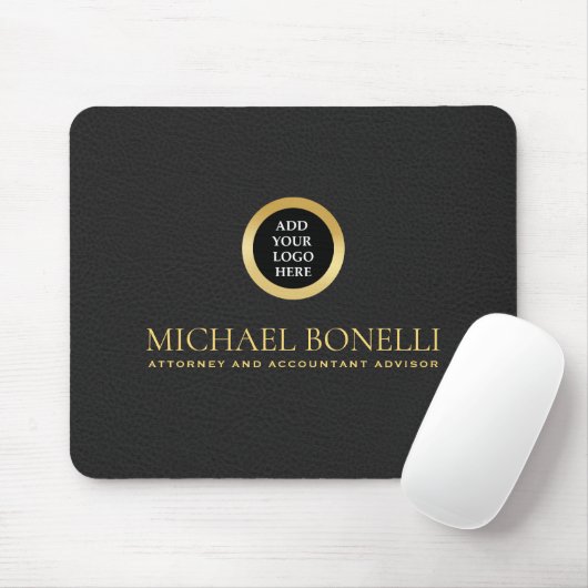Black Gray Leather Luxury Gold RUND Logo Mousepad (Mit Mouse)