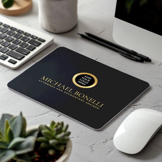 Black Gray Leather Luxury Gold RUND Logo Mousepad