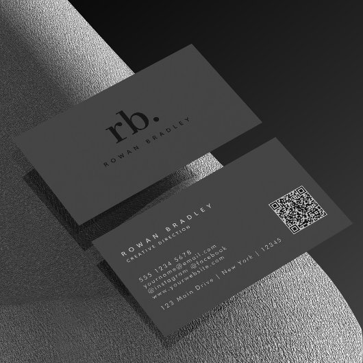 Black Gray Minimal Monogram Qr Code Professional Visitenkarte
