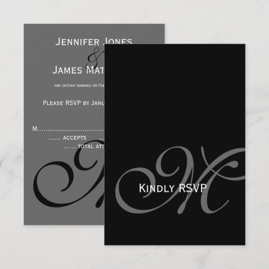 Black Gray Monogram Names Wedding RSVP Card (Vorne/Hinten)