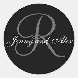 Black Gray Monogram R Bride Groom Names Wedding Runder Aufkleber