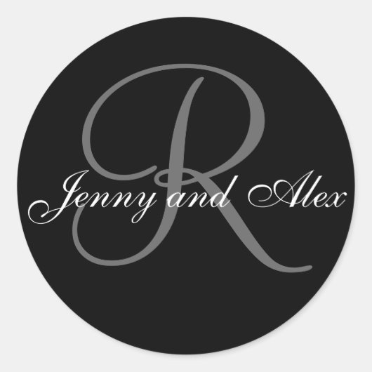 Black Gray Monogram R Bride Groom Names Wedding Runder Aufkleber (Vorderseite)