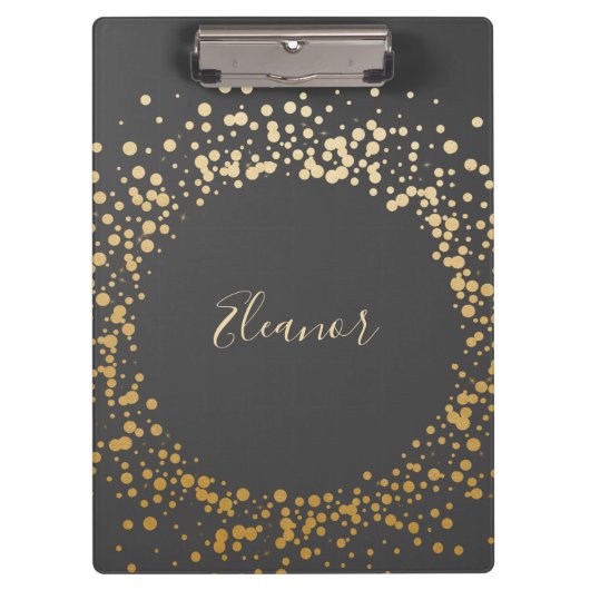 Black Gray Ombre Gold Confetti Dots Personalisiert Klemmbrett (Vorderseite)