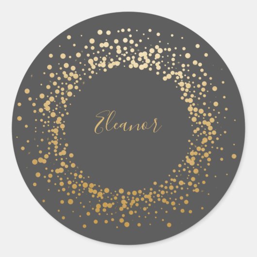 Black Gray Ombre Gold Confetti Dots Personalisiert Runder Aufkleber (Vorderseite)