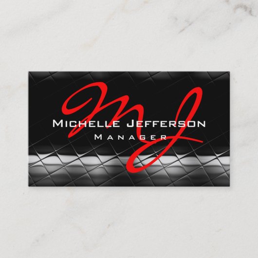 Black Gray Pattern Red Monogram Business Card Visitenkarte (Vorderseite)