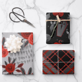 BLACK GRAY RED HALLOWEEN GIRLS FLOWERS COFFINS GESCHENKPAPIER SET