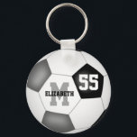 black gray school colors girls boys soccer ball schlüsselanhänger<br><div class="desc">This school colors soccer keychain for girls or boys features a traditional style soccer ball upon which you can easily customize the player's name,  monogram or varsity letter and jersey number - some of the soccer ball's typically black panels are recolored gray - by katz_d_zynes</div>