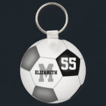 black gray school colors girls boys soccer ball schlüsselanhänger<br><div class="desc">This school colors soccer keychain for girls or boys features a traditional style soccer ball upon which you can easily customize the player's name,  monogram or varsity letter and jersey number - some of the soccer ball's typically black panels are recolored gray - by katz_d_zynes</div>