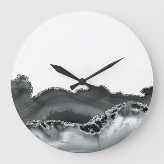 Black Gray Silver Metallic Agate Stone Große Wanduhr (Vorderseite)